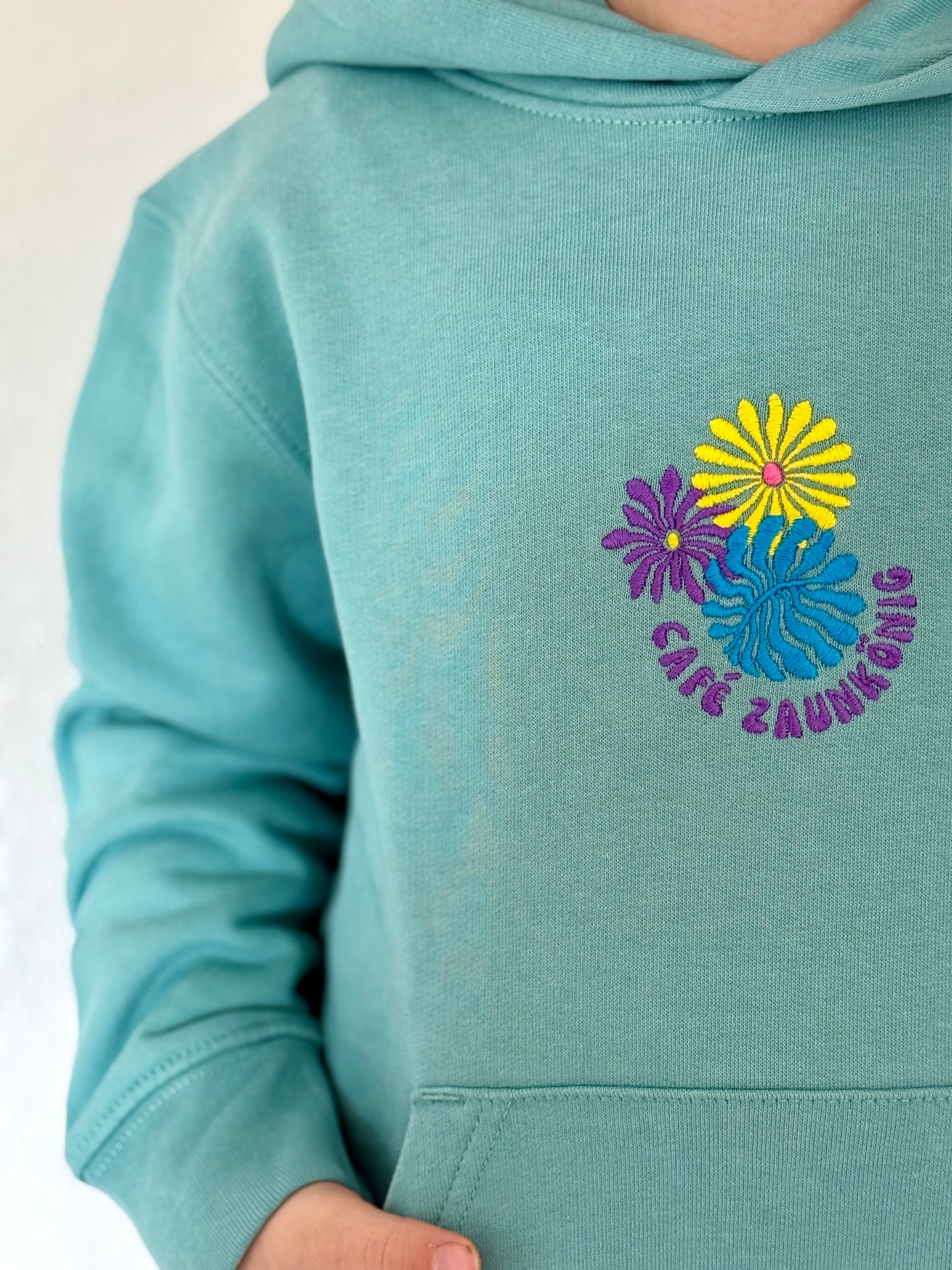Kids Hoodie „Flower Café Zaunkönig“ Teal Monstera